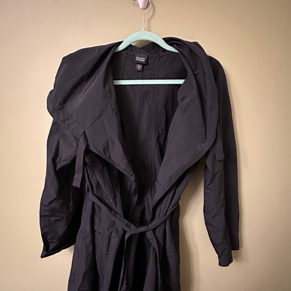Eileen Fisher Nylon Jacket Trench Hooded Tie Front Cotton Nylon Blend Black Sz M - Picture 3 of 8